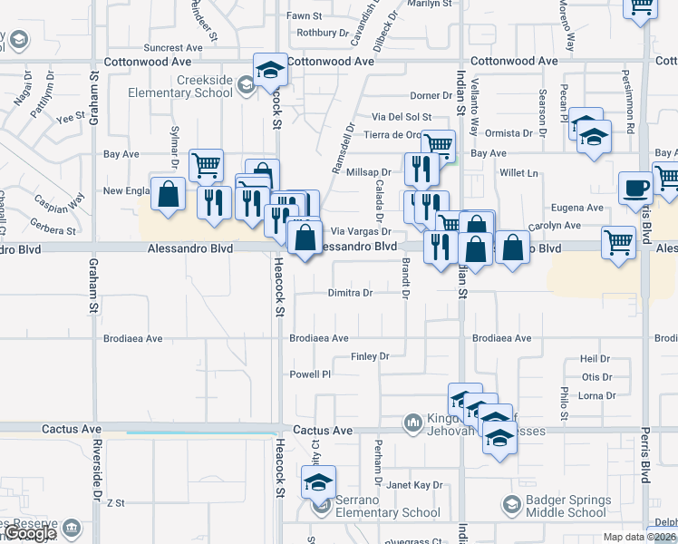 map of restaurants, bars, coffee shops, grocery stores, and more near 24047 Mount Russell Drive in Moreno Valley