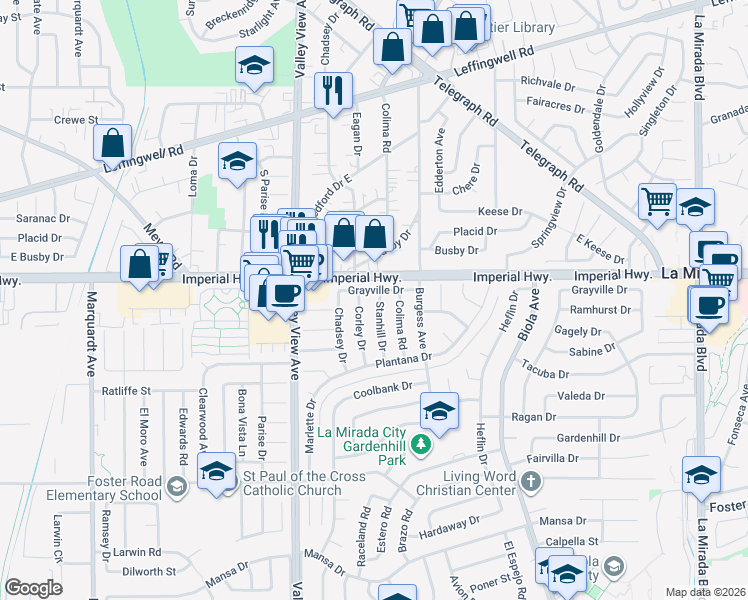 map of restaurants, bars, coffee shops, grocery stores, and more near 12709 Stanhill Drive in La Mirada