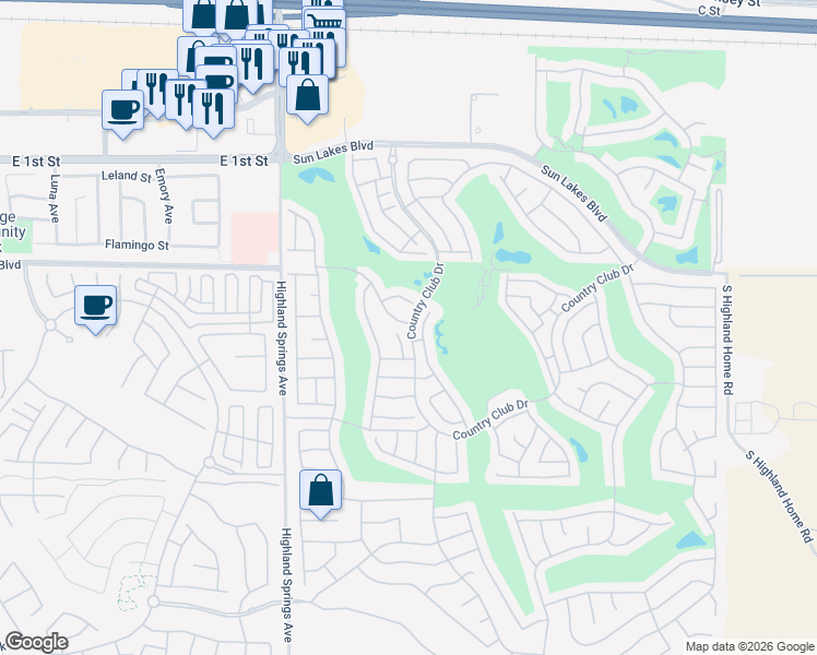 map of restaurants, bars, coffee shops, grocery stores, and more near 945 Laguna Seca Court in Banning
