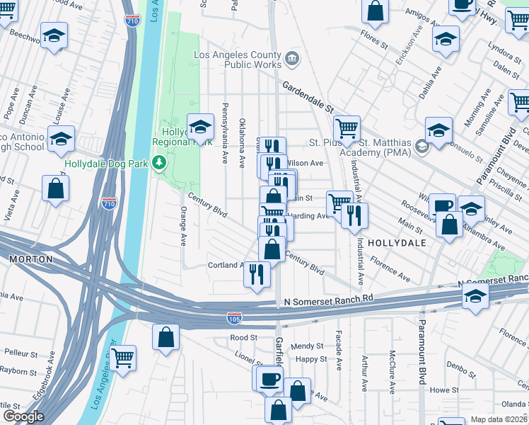 map of restaurants, bars, coffee shops, grocery stores, and more near 12122 Utah Avenue in South Gate
