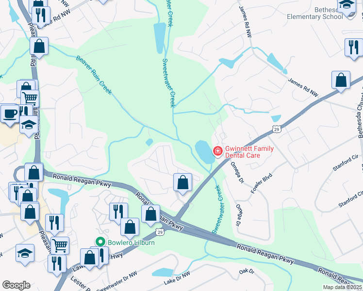 map of restaurants, bars, coffee shops, grocery stores, and more near 1-79 West Cardinal Lane in Lawrenceville