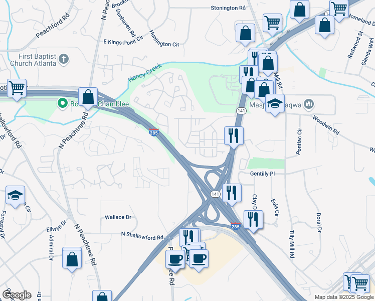 map of restaurants, bars, coffee shops, grocery stores, and more near 2701 Cedar Pine Way in Doraville