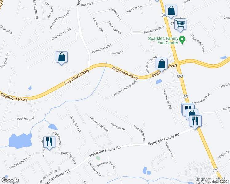 map of restaurants, bars, coffee shops, grocery stores, and more near 665 Johns Landing Way in Lawrenceville