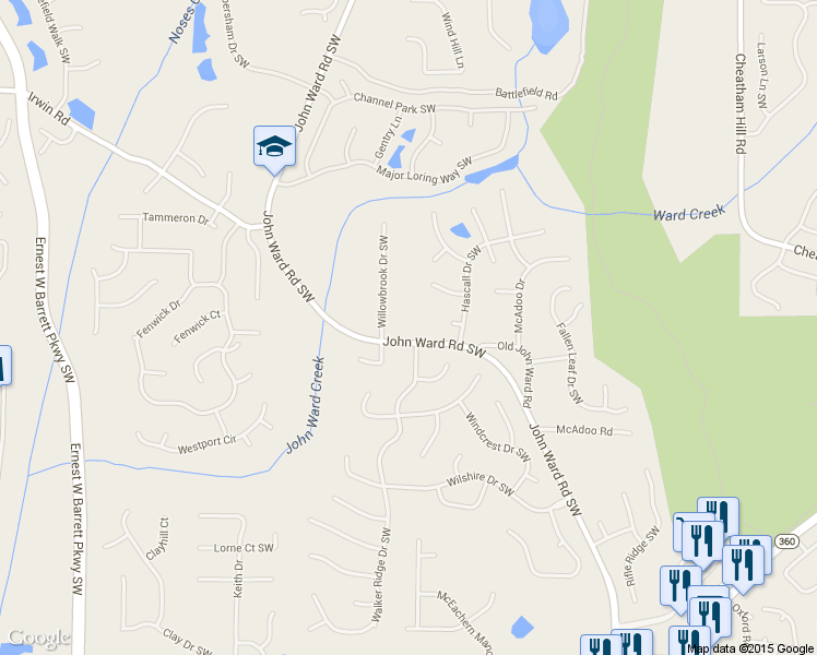 map of restaurants, bars, coffee shops, grocery stores, and more near 1509 John Ward Road Southwest in Marietta