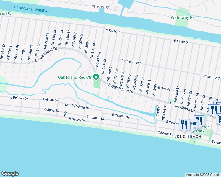 map of restaurants, bars, coffee shops, grocery stores, and more near 3205 East Oak Island Drive in Oak Island
