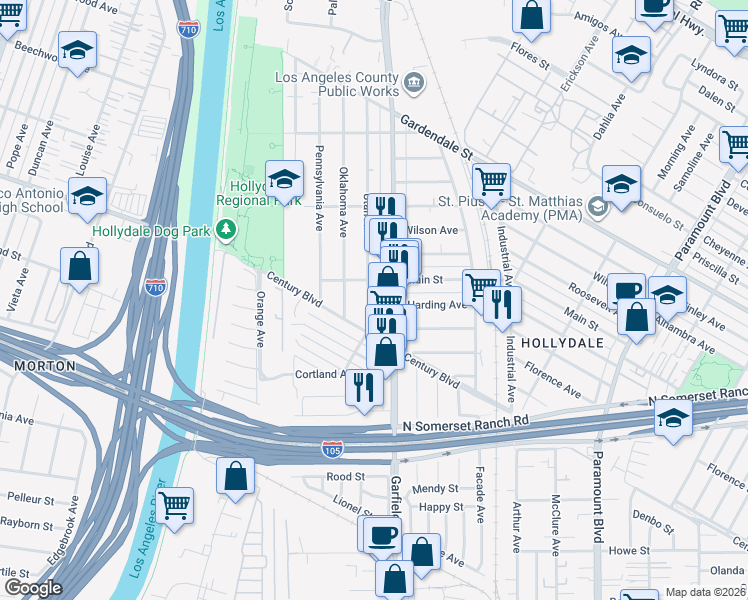 map of restaurants, bars, coffee shops, grocery stores, and more near 12122 Utah Avenue in South Gate
