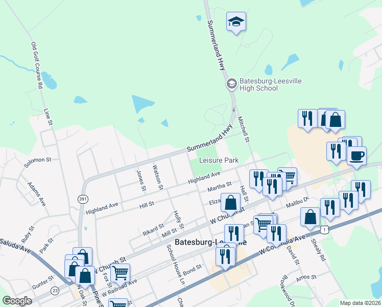 map of restaurants, bars, coffee shops, grocery stores, and more near 318 Summerland Avenue in Batesburg-Leesville