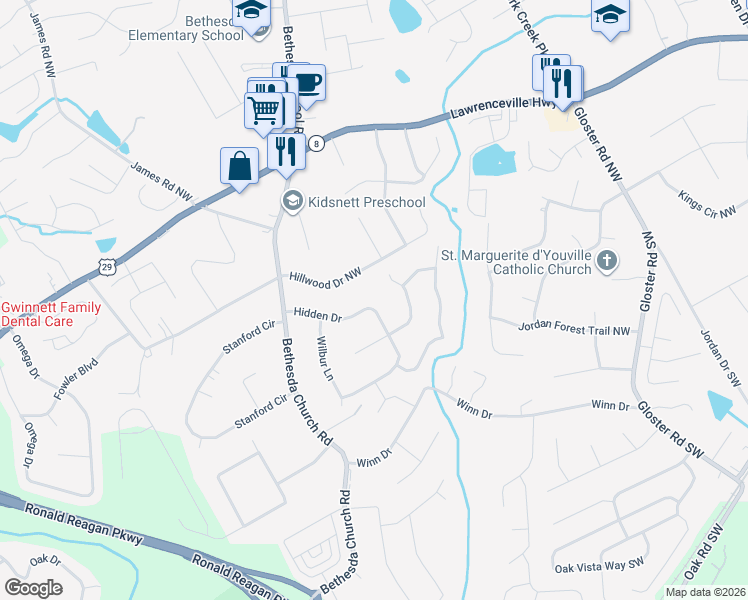 map of restaurants, bars, coffee shops, grocery stores, and more near 3025 Hidden Drive in Lawrenceville