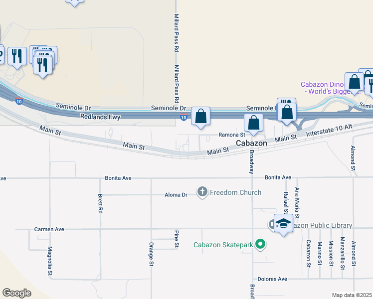 map of restaurants, bars, coffee shops, grocery stores, and more near 50044 Main Street in Cabazon