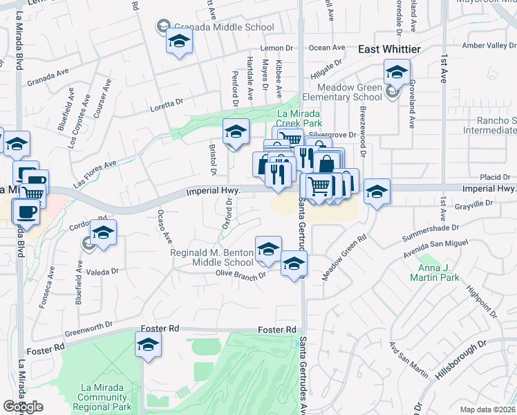 map of restaurants, bars, coffee shops, grocery stores, and more near 12654 Oxford Drive in La Mirada