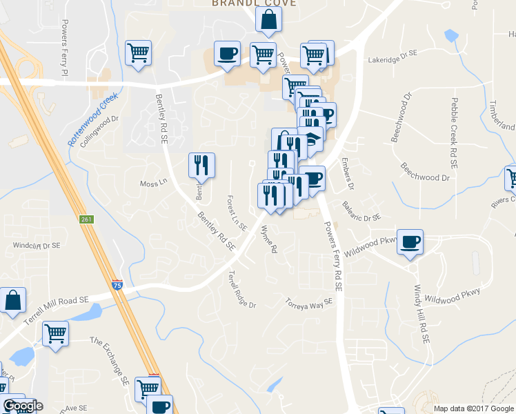 map of restaurants, bars, coffee shops, grocery stores, and more near 1427 Old Virginia Court Southeast in Marietta