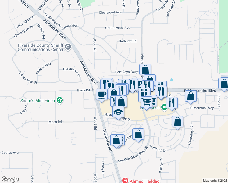 map of restaurants, bars, coffee shops, grocery stores, and more near 371 Alessandro Boulevard in Riverside
