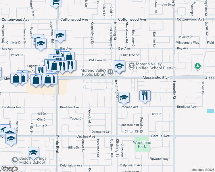 map of restaurants, bars, coffee shops, grocery stores, and more near 717 Alessandro Boulevard in Moreno Valley