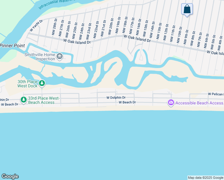 map of restaurants, bars, coffee shops, grocery stores, and more near 2004 West Pelican Drive in Oak Island