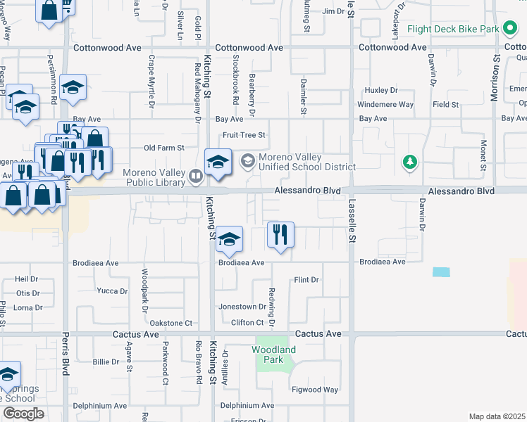 map of restaurants, bars, coffee shops, grocery stores, and more near 25681 Alessandro Boulevard in Moreno Valley