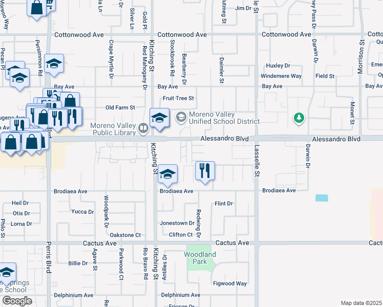 map of restaurants, bars, coffee shops, grocery stores, and more near 25681 Alessandro Boulevard in Moreno Valley