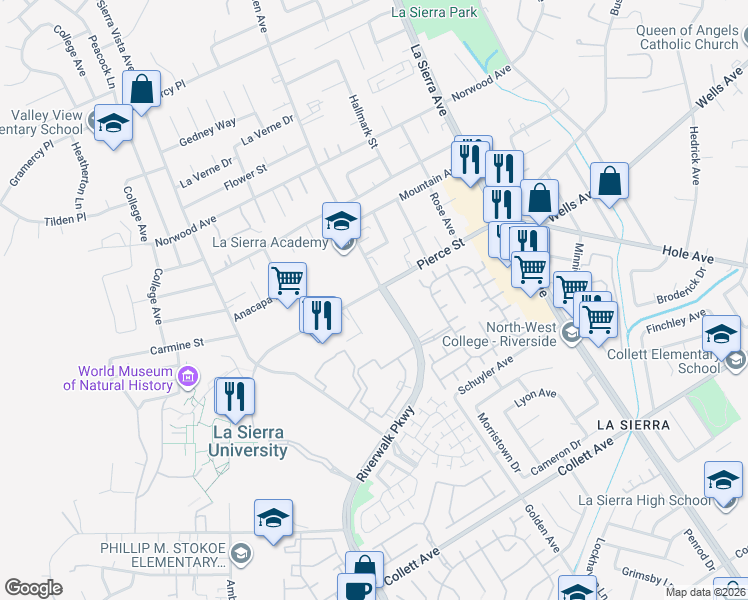 map of restaurants, bars, coffee shops, grocery stores, and more near 5234 Riverwalk Parkway in Riverside