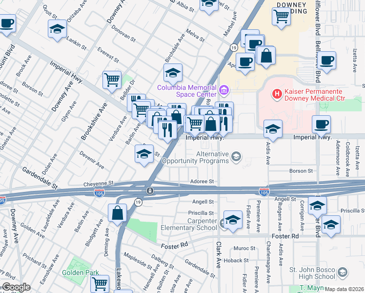 map of restaurants, bars, coffee shops, grocery stores, and more near 12621 Glenshire Road in Downey