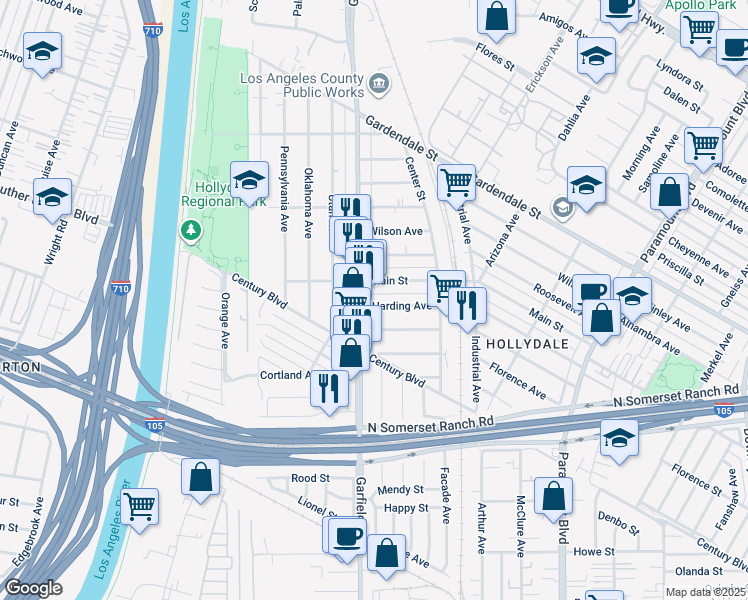map of restaurants, bars, coffee shops, grocery stores, and more near 12112 Garfield Avenue in South Gate