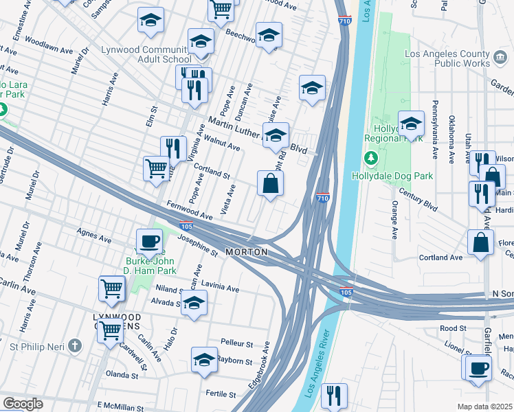 map of restaurants, bars, coffee shops, grocery stores, and more near 11648 Lugo Park Avenue in Lynwood