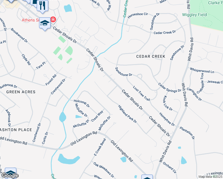 map of restaurants, bars, coffee shops, grocery stores, and more near 104 Boulder Trail in Athens
