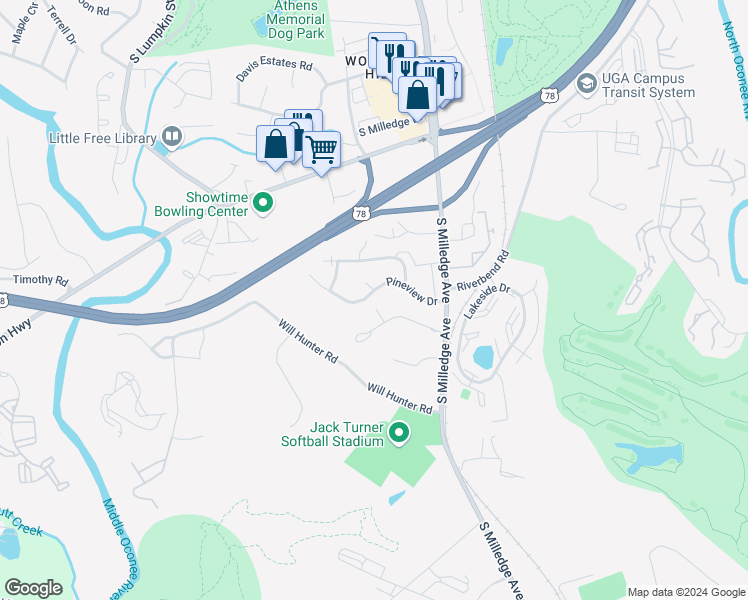 map of restaurants, bars, coffee shops, grocery stores, and more near 170 Pineview Court in Athens
