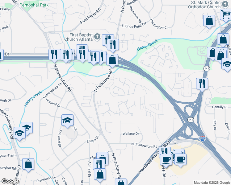 map of restaurants, bars, coffee shops, grocery stores, and more near 4164 Butler Drive in Atlanta