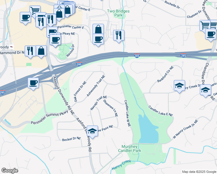 map of restaurants, bars, coffee shops, grocery stores, and more near 1445 Ashwoody Court Northeast in Atlanta