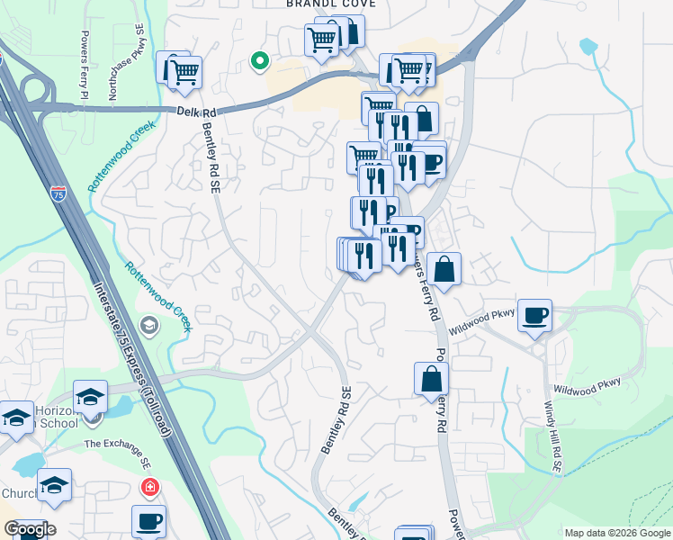 map of restaurants, bars, coffee shops, grocery stores, and more near 1427 Old Virginia Court Southeast in Marietta
