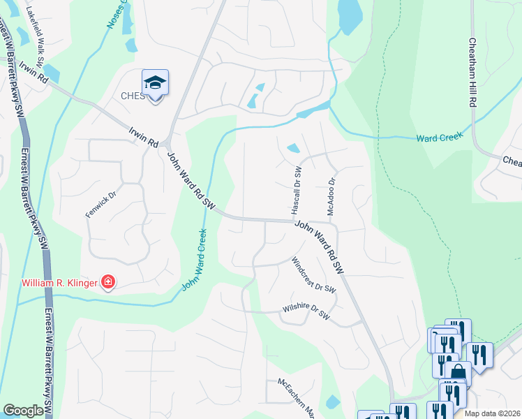 map of restaurants, bars, coffee shops, grocery stores, and more near 1509 John Ward Road Southwest in Marietta