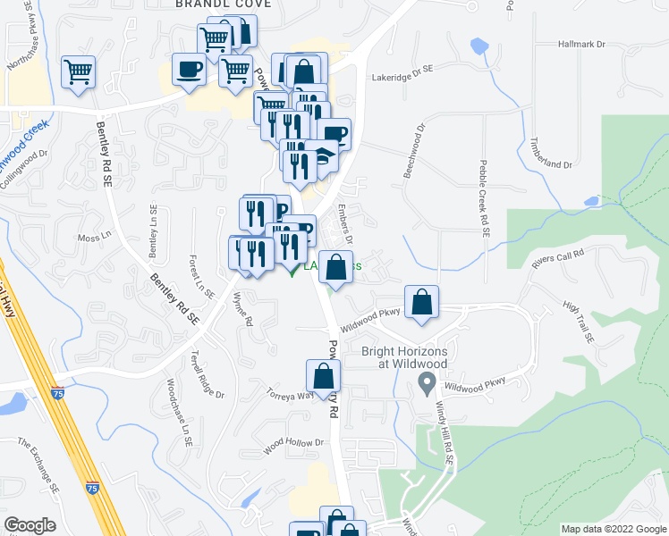map of restaurants, bars, coffee shops, grocery stores, and more near 3008 Balearic Drive Southeast in Marietta