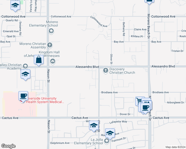 map of restaurants, bars, coffee shops, grocery stores, and more near 14058 Cordelia Street in Moreno Valley