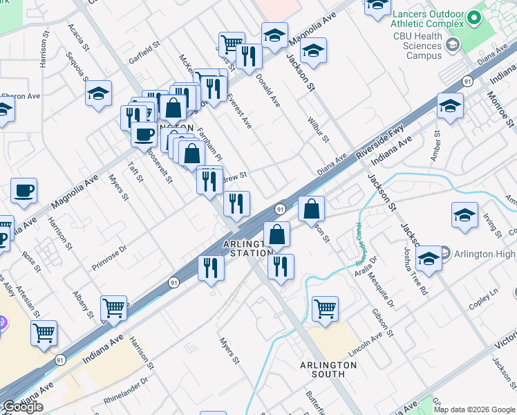 map of restaurants, bars, coffee shops, grocery stores, and more near 3483 Farnham Place in Riverside