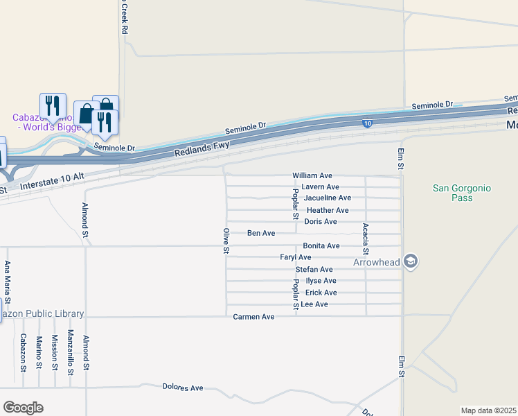 map of restaurants, bars, coffee shops, grocery stores, and more near Heather Avenue in Cabazon