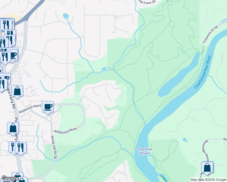 map of restaurants, bars, coffee shops, grocery stores, and more near 3550 Rivers Call Boulevard in Atlanta