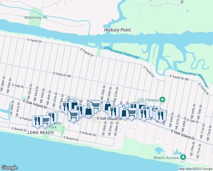 map of restaurants, bars, coffee shops, grocery stores, and more near 228 Northeast 55th Street in Oak Island