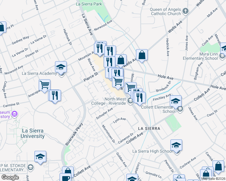 map of restaurants, bars, coffee shops, grocery stores, and more near 4716 La Sierra Avenue in Riverside