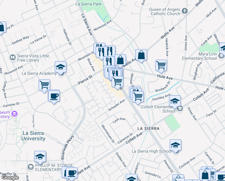 map of restaurants, bars, coffee shops, grocery stores, and more near 11141 Gardenhurst Court in Riverside