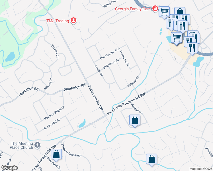 map of restaurants, bars, coffee shops, grocery stores, and more near 340 Senior Drive in Lawrenceville