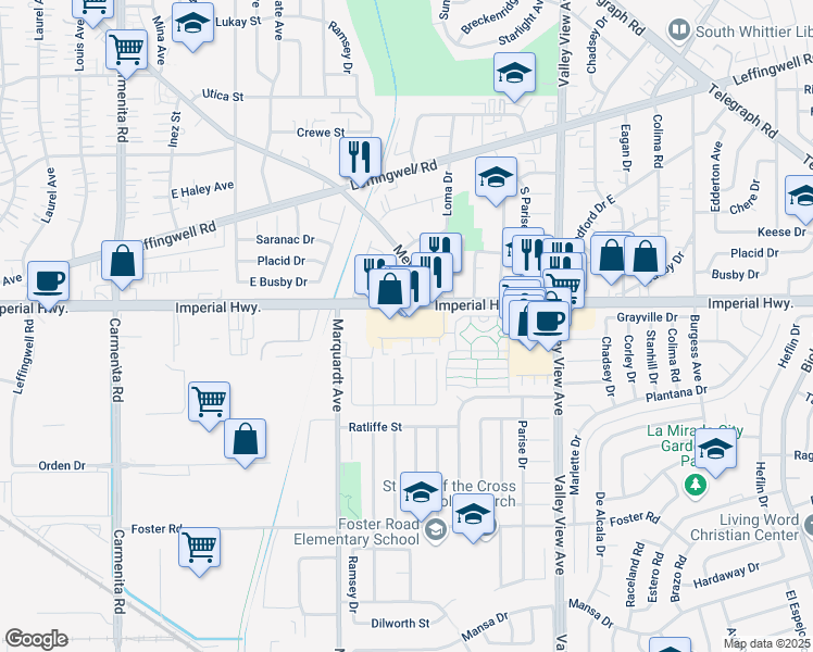 map of restaurants, bars, coffee shops, grocery stores, and more near 13936 Imperial Highway in La Mirada