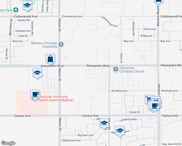 map of restaurants, bars, coffee shops, grocery stores, and more near 14064 Carina Street in Moreno Valley