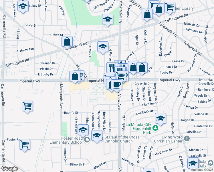 map of restaurants, bars, coffee shops, grocery stores, and more near 2 South La Mirada Boulevard in Buena Park