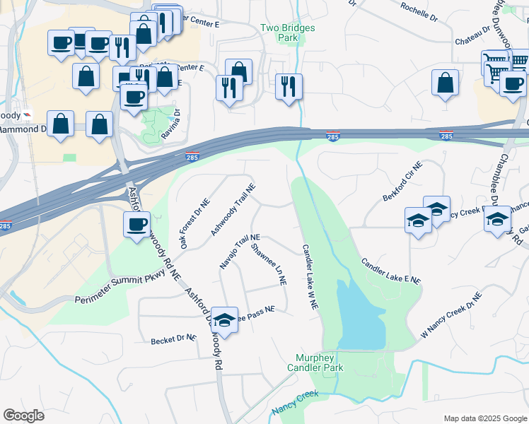 map of restaurants, bars, coffee shops, grocery stores, and more near 1445 Ashwoody Court Northeast in Atlanta