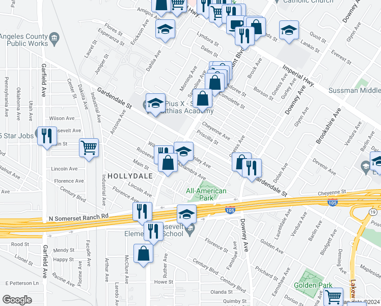 map of restaurants, bars, coffee shops, grocery stores, and more near 8027 McKinley Avenue in Paramount