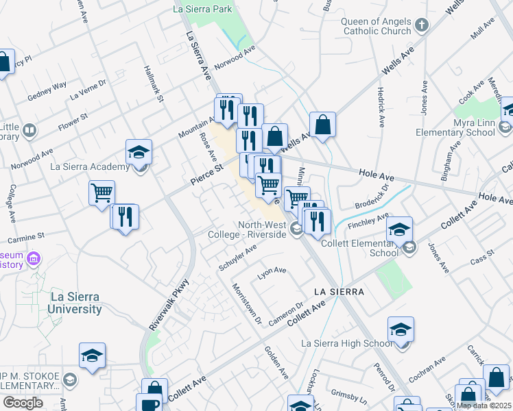 map of restaurants, bars, coffee shops, grocery stores, and more near 11141 Gardenhurst Court in Riverside