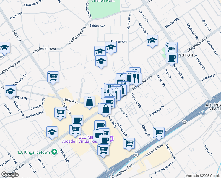 map of restaurants, bars, coffee shops, grocery stores, and more near 3868 Dawes Street in Riverside