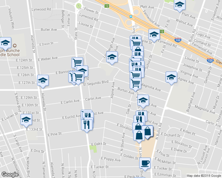map of restaurants, bars, coffee shops, grocery stores, and more near 12309 Alpine Avenue in Lynwood