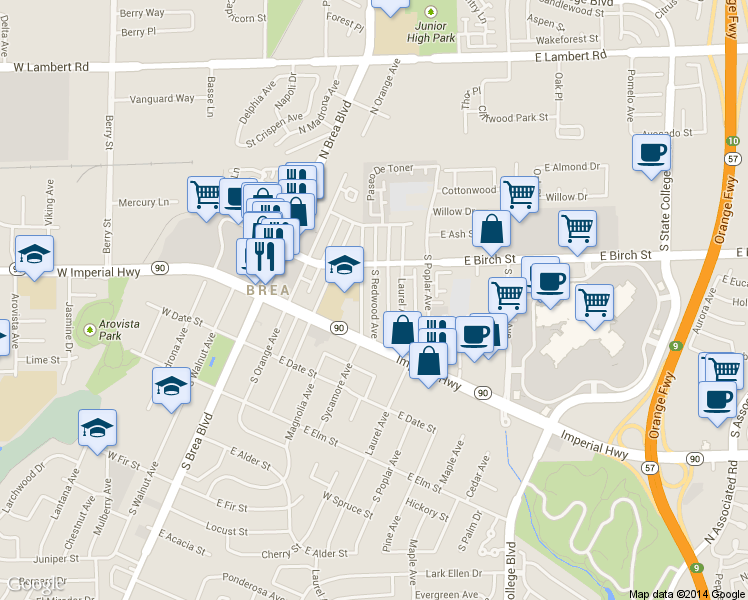 map of restaurants, bars, coffee shops, grocery stores, and more near 230 South Redwood Avenue in Brea