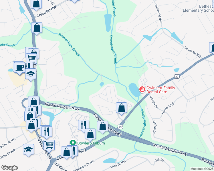 map of restaurants, bars, coffee shops, grocery stores, and more near 91 West Cardinal Lane in Lawrenceville