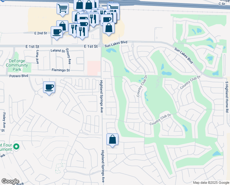 map of restaurants, bars, coffee shops, grocery stores, and more near 1040 Pine Valley Rd in Banning